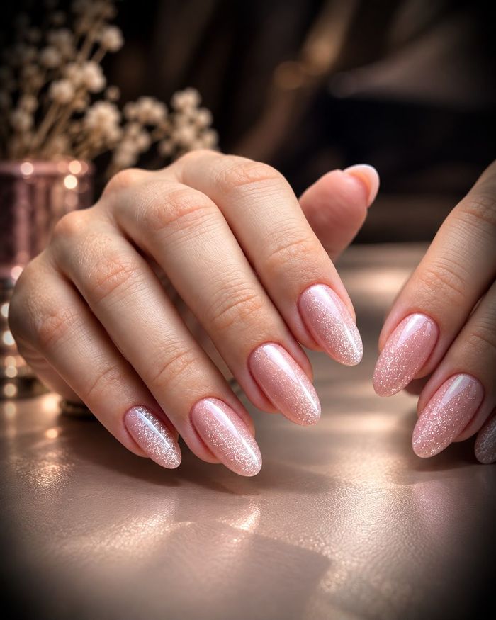 Mano con uñas largas, ovaladas y de color nude, una de ellas con brillo dorado.