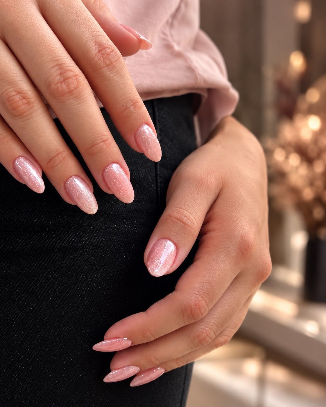 Primer plano de unas manos con las uñas rosas brillantes apoyadas sobre una tela negra.