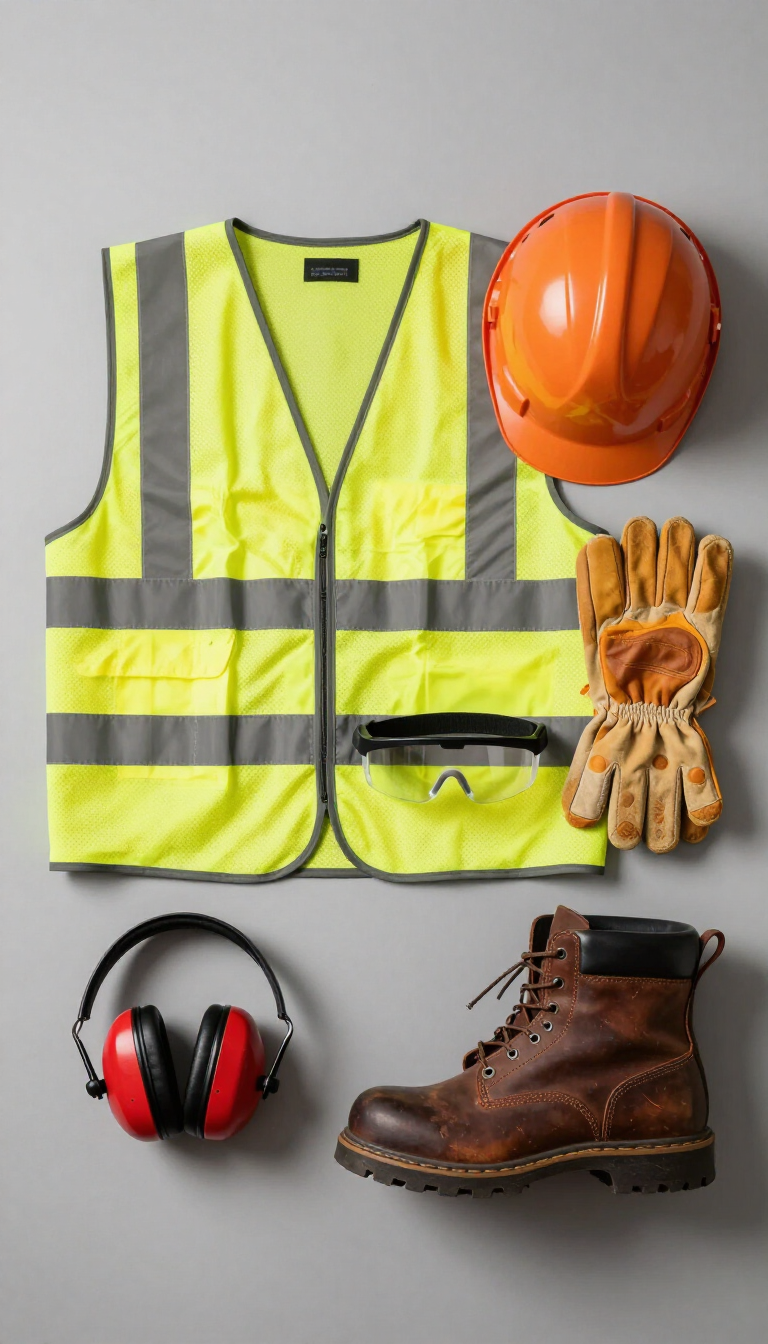 Conjunto de equipo de seguridad: chaleco reflectante amarillo, casco naranja, guantes de trabajo, orejeras y botas marrones.