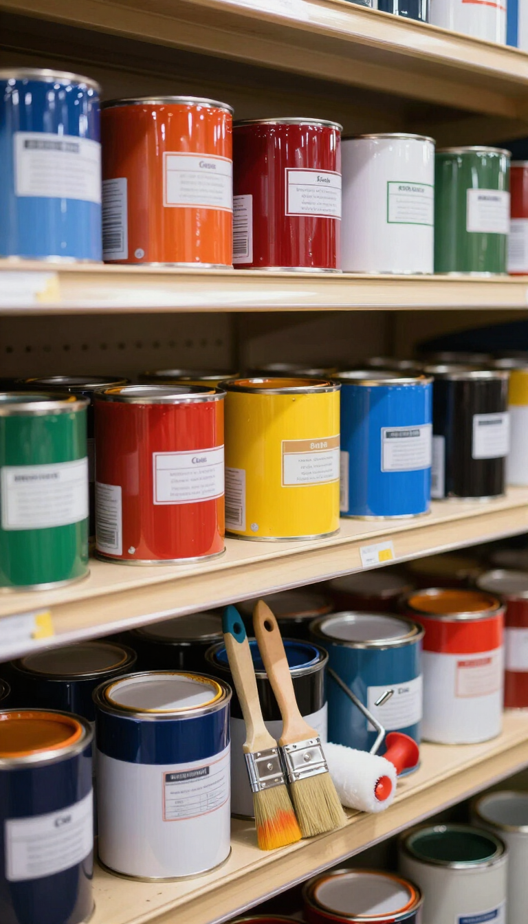Estanterías llenas de latas de pintura de colores con dos pinceles en una ferretería.