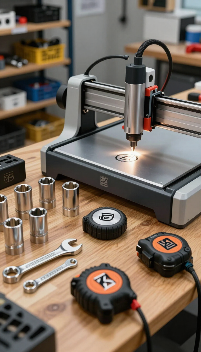Máquina CNC de sobremesa cortando metal en un banco de trabajo con herramientas y cintas métricas cerca.