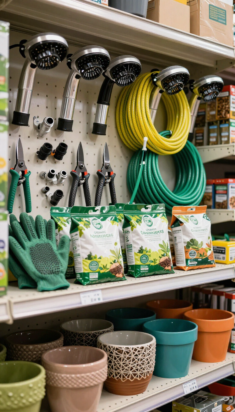 Herramientas de jardinería y mangueras expuestas en los estantes de la tienda con coloridas macetas de flores debajo.