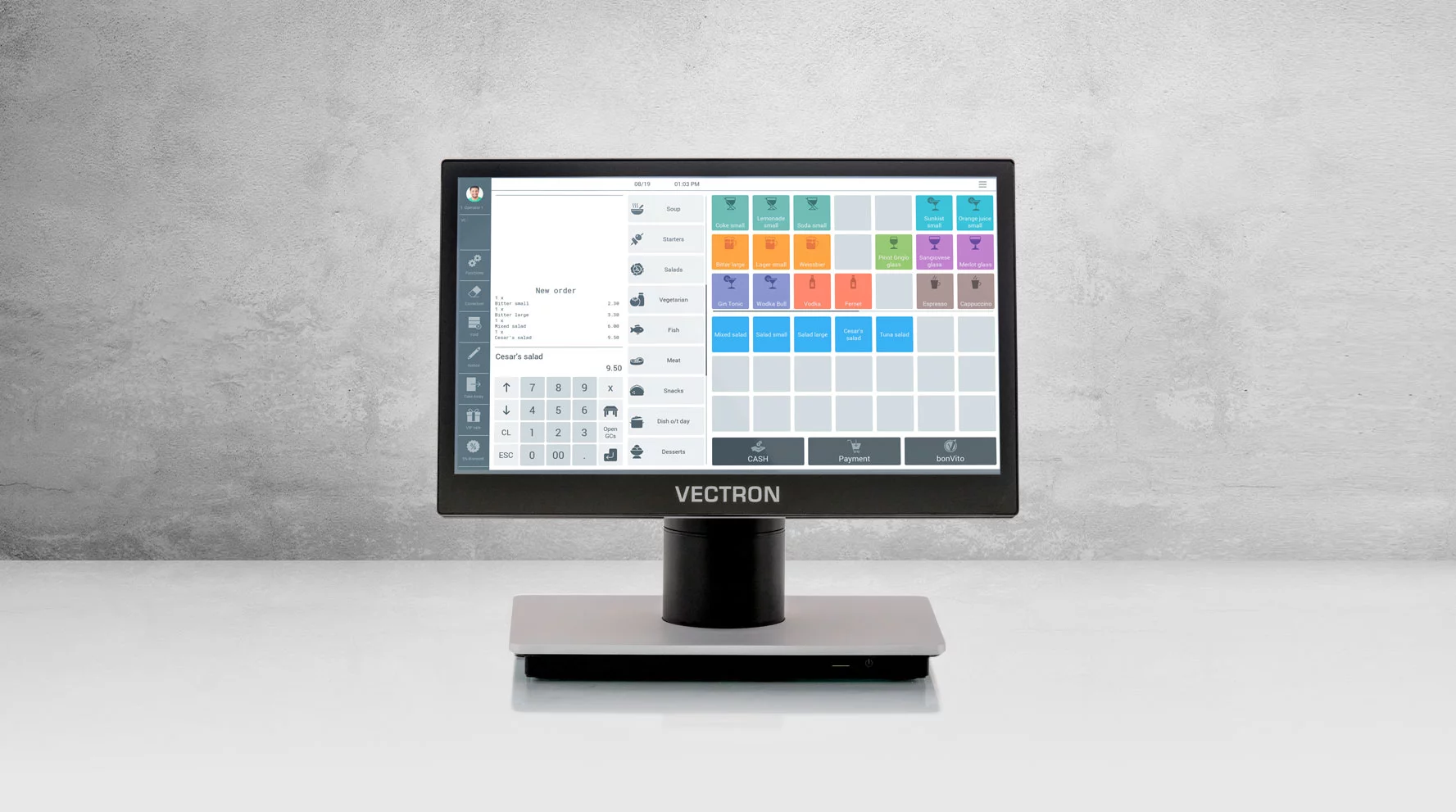 L'écran d'une caisse enegistreuse moderne.