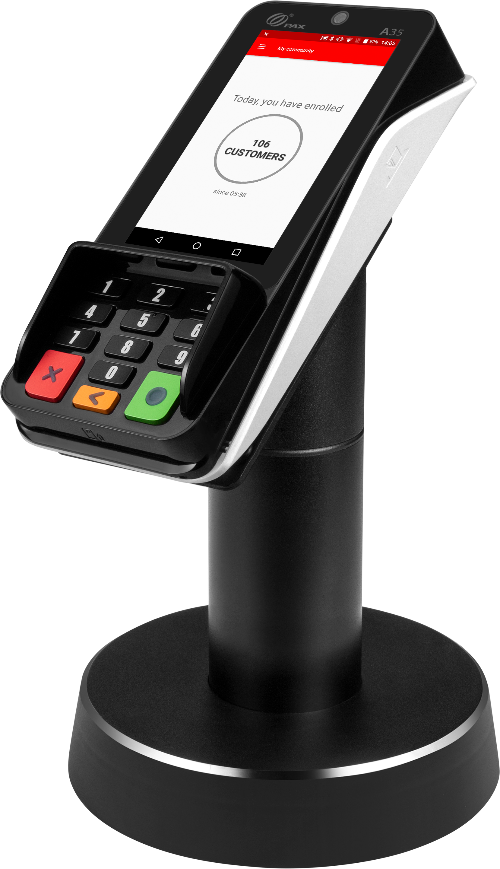 Un terminal de paiement sur un support.