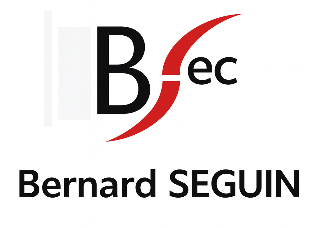 Accueil Logo de Bernard Seguin : B noir avec S et EC rouges, rectangle blanc et texte Bernard SEGUIN.