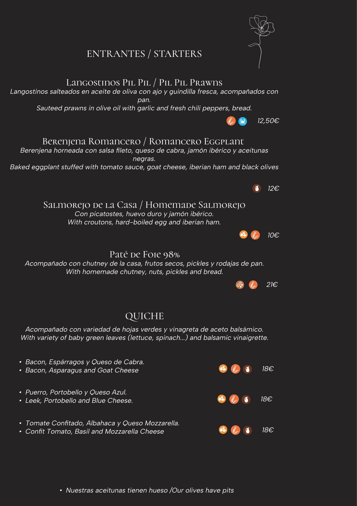 Menú con entrantes y opciones de tortilla. Texto sobre fondo blanco con elementos decorativos.