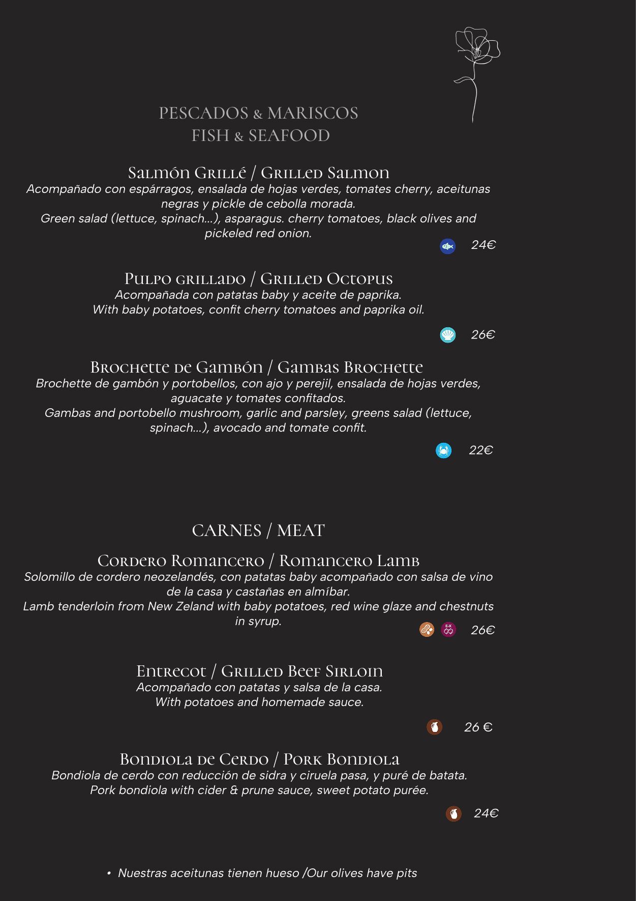 Carta con platos de mariscos y carnes.