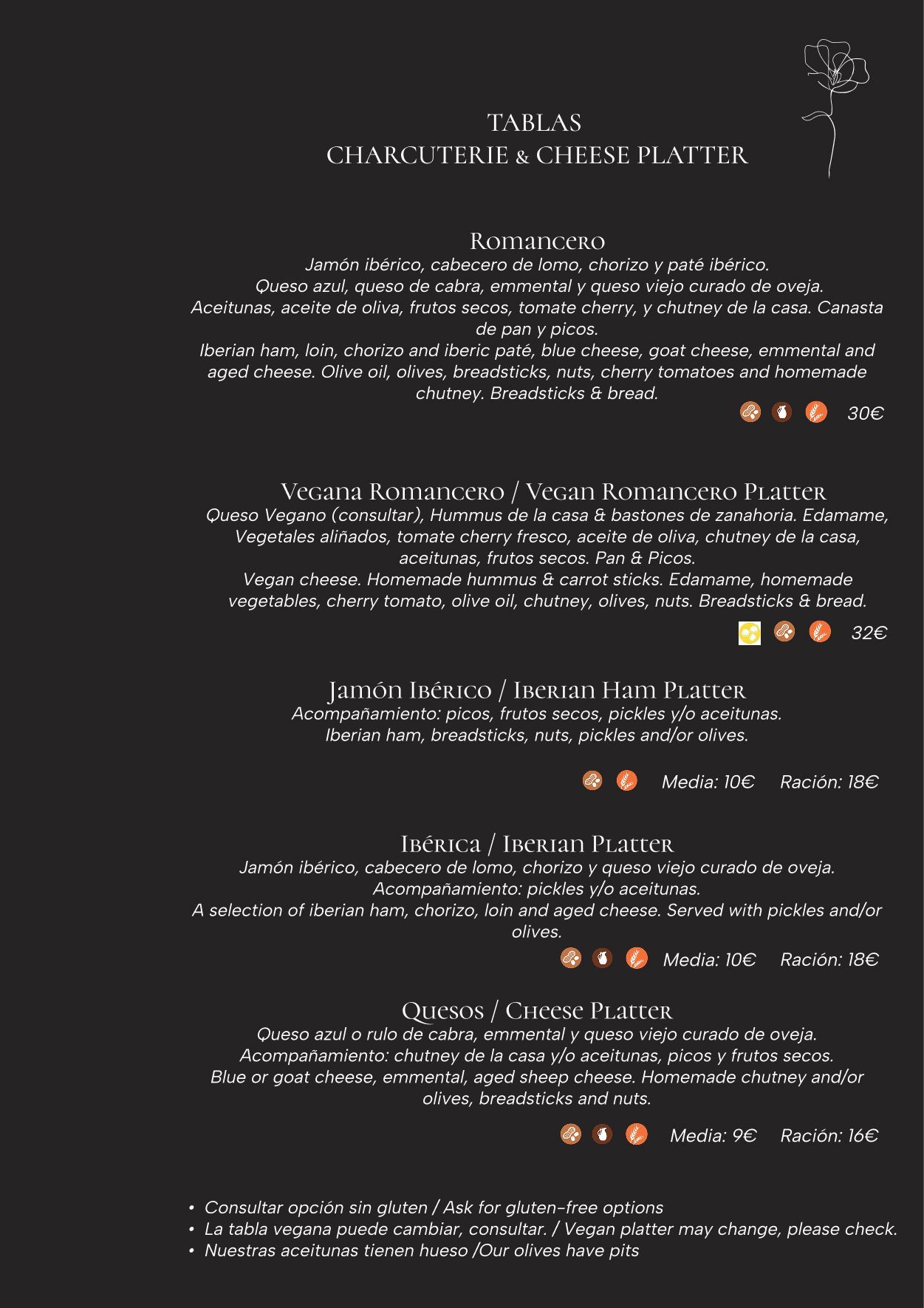 Carta de tapas y tablas de embutidos y quesos.