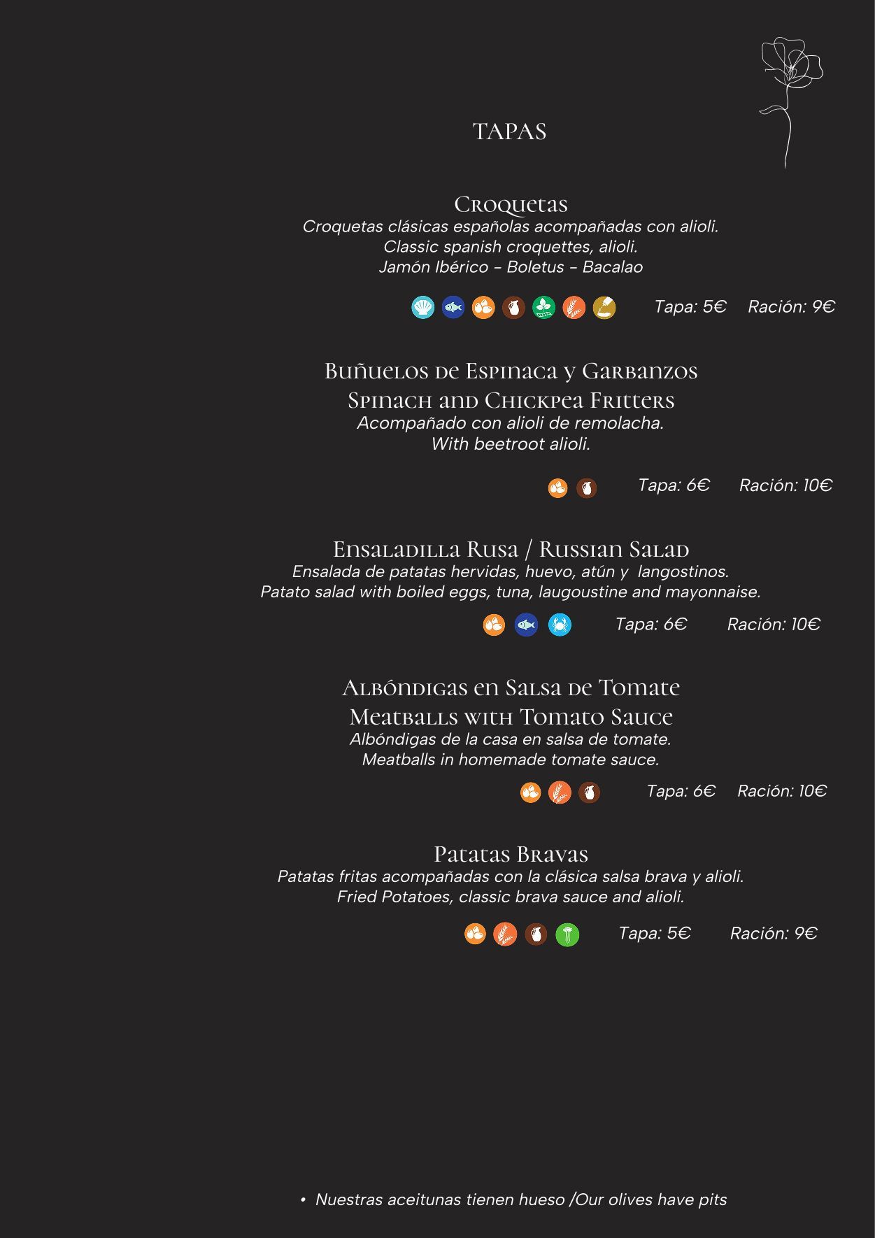 Menú de tapas españolas con descripciones de platos y precios.
