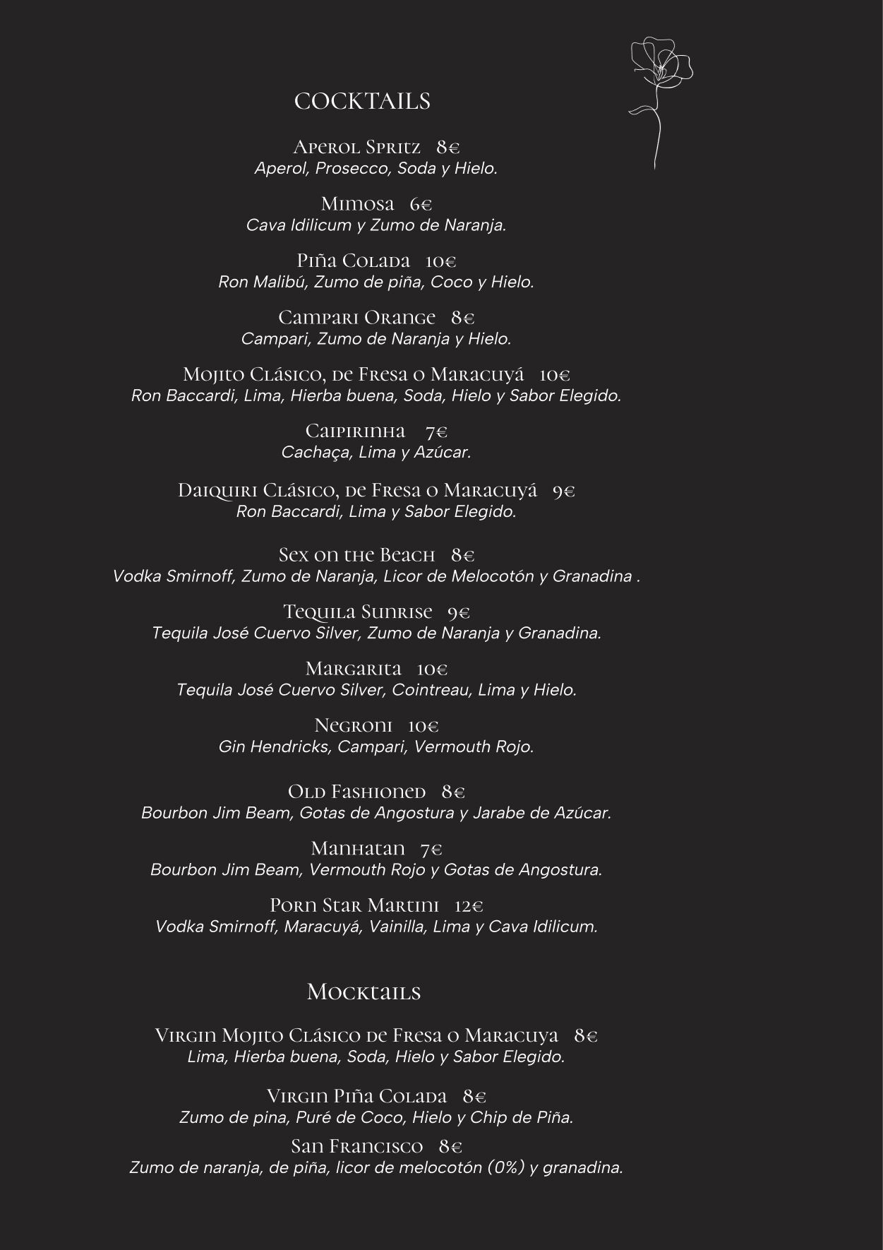 Menú de cócteles con nombres de bebidas, ingredientes y precios enumerados.