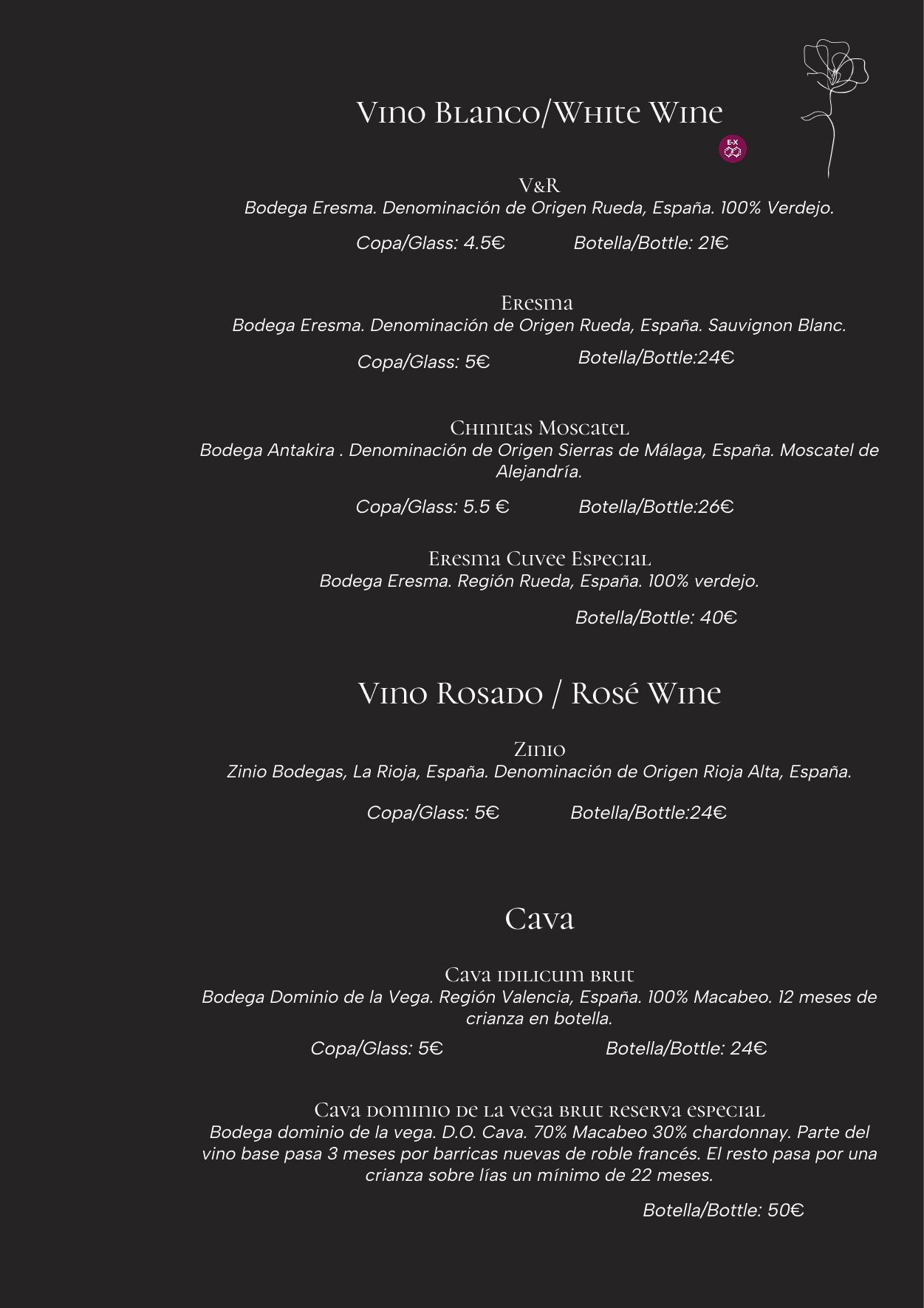 Carta de vinos con selección de vinos tintos, precios y notas de cata.