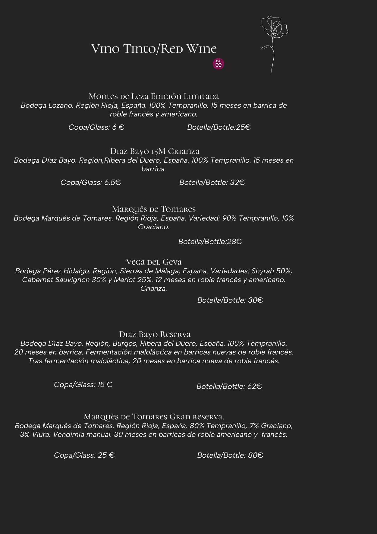 Menú de vinos con selección de vinos y precios.