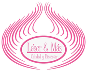 Logotipo de "Láser & Más", una empresa de tratamientos láser, en rosa con marco ovalado y diseño abstracto.