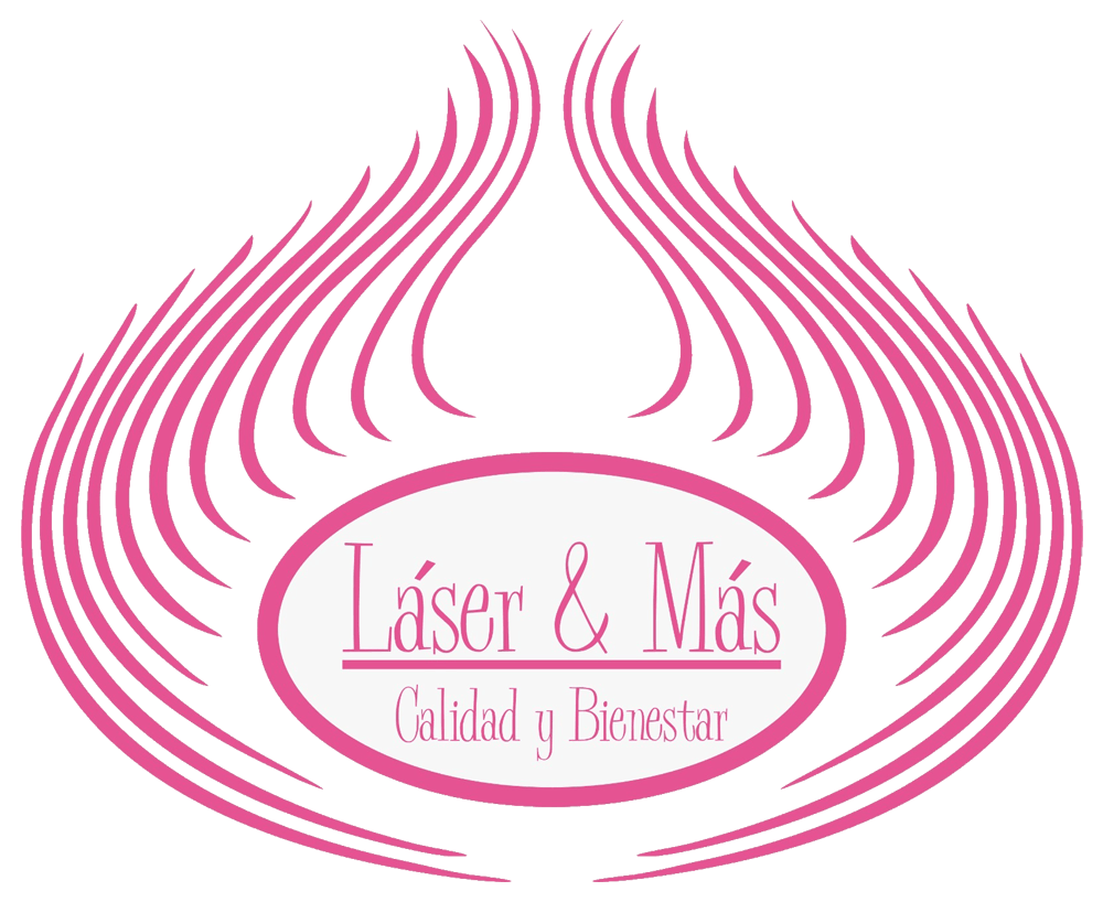 Logotipo de "Láser & Más", una empresa de tratamientos láser, en rosa con marco ovalado y diseño abstracto.