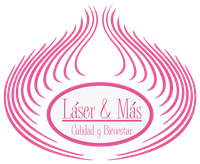 Logotipo de "Láser & Más", una empresa de tratamientos láser, en rosa con marco ovalado y diseño abstracto.