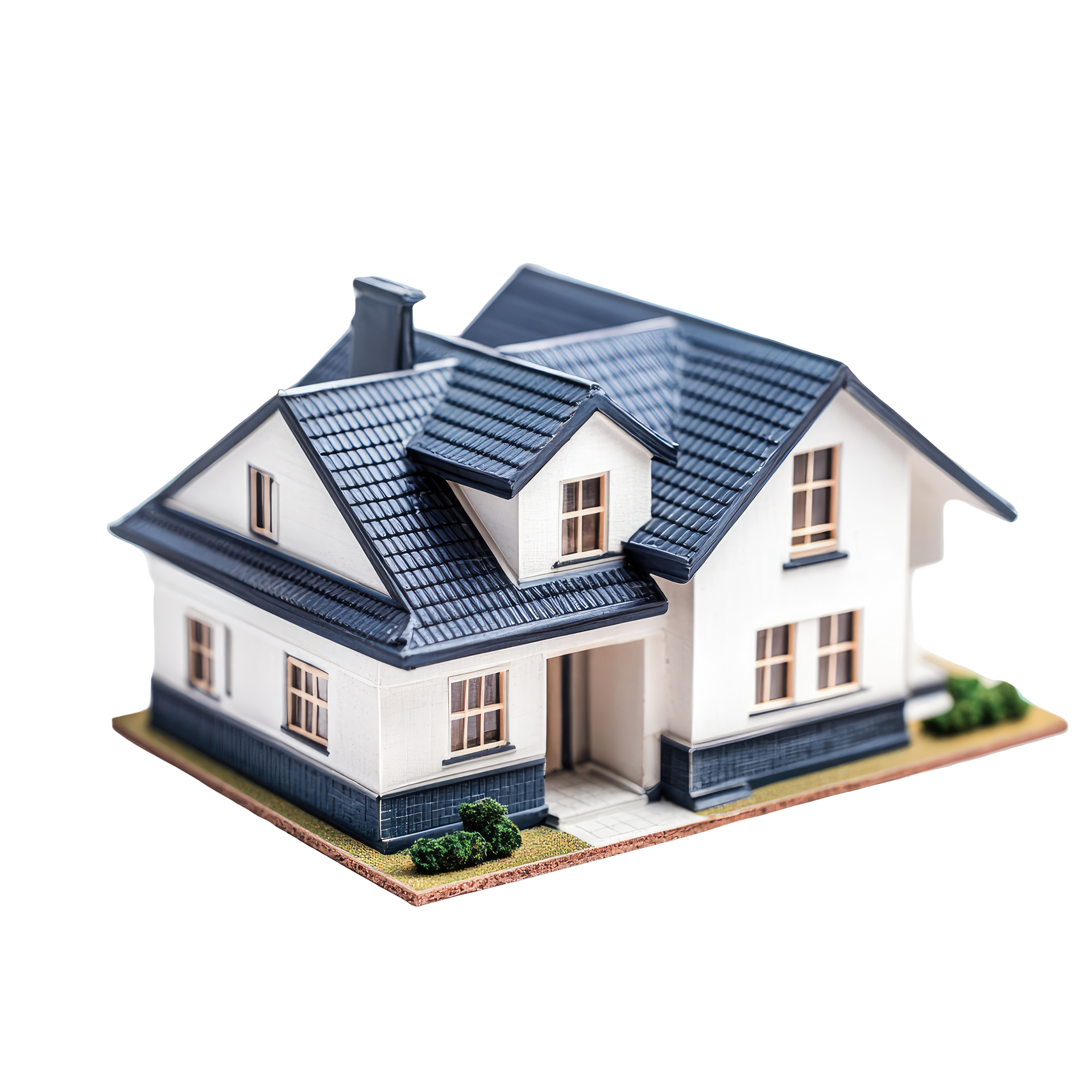 Maison blanche miniature avec toit et finitions bleues.