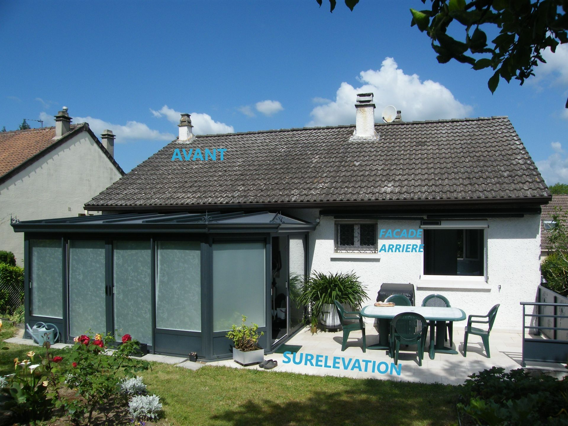 Jardin avec véranda, maison blanche, toit gris, mobilier de jardin sur dalle béton, pelouse verte, ciel bleu.