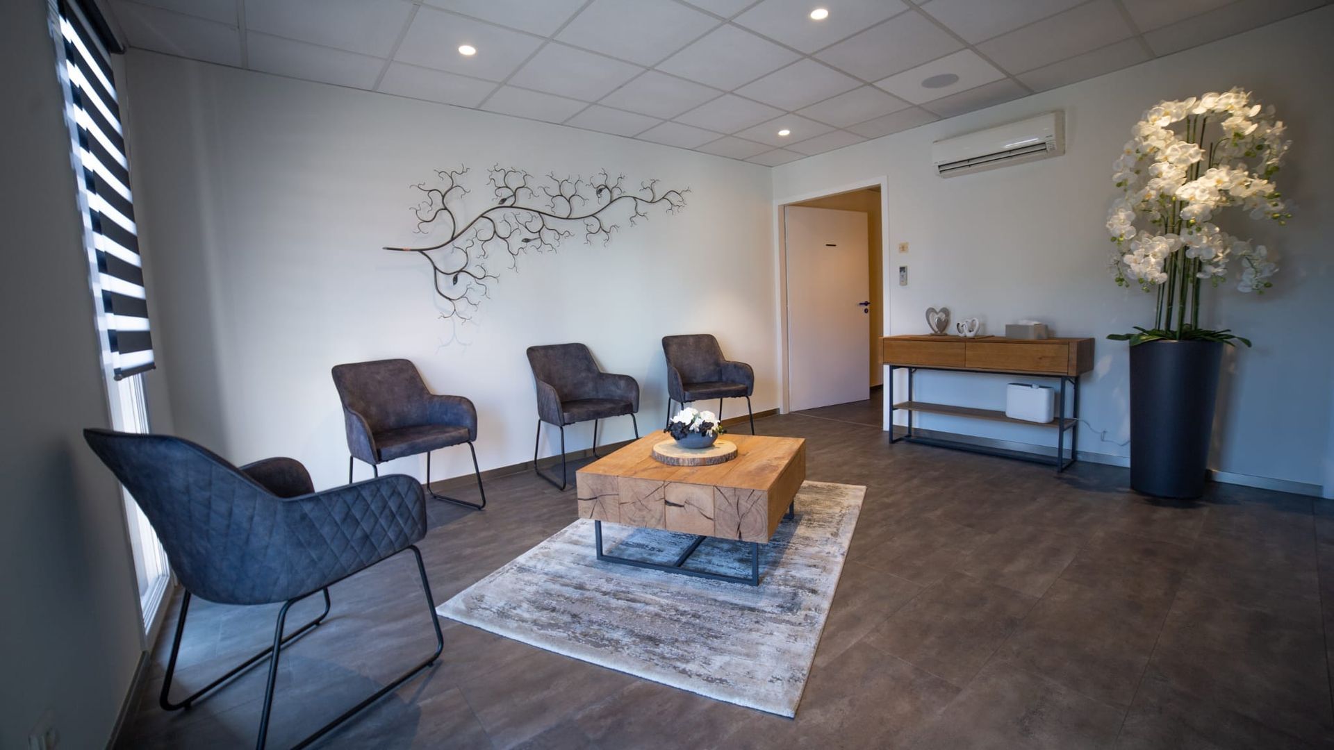 Une salle d'attente moderne avec une table basse en bois, un tapis à motifs, quatre chaises grises et une grande plante décorative.