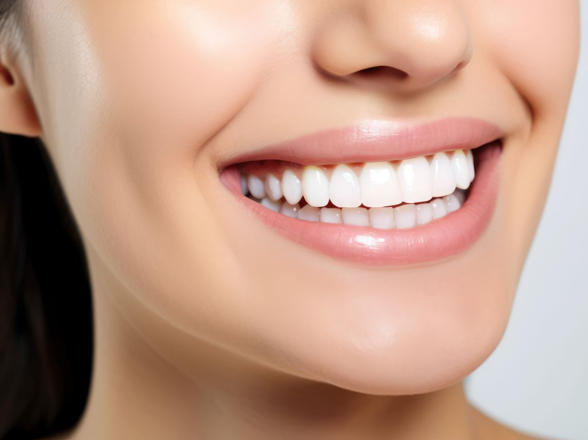 Femme qui sourrit avec un sourire radieux et les dents blanches.
