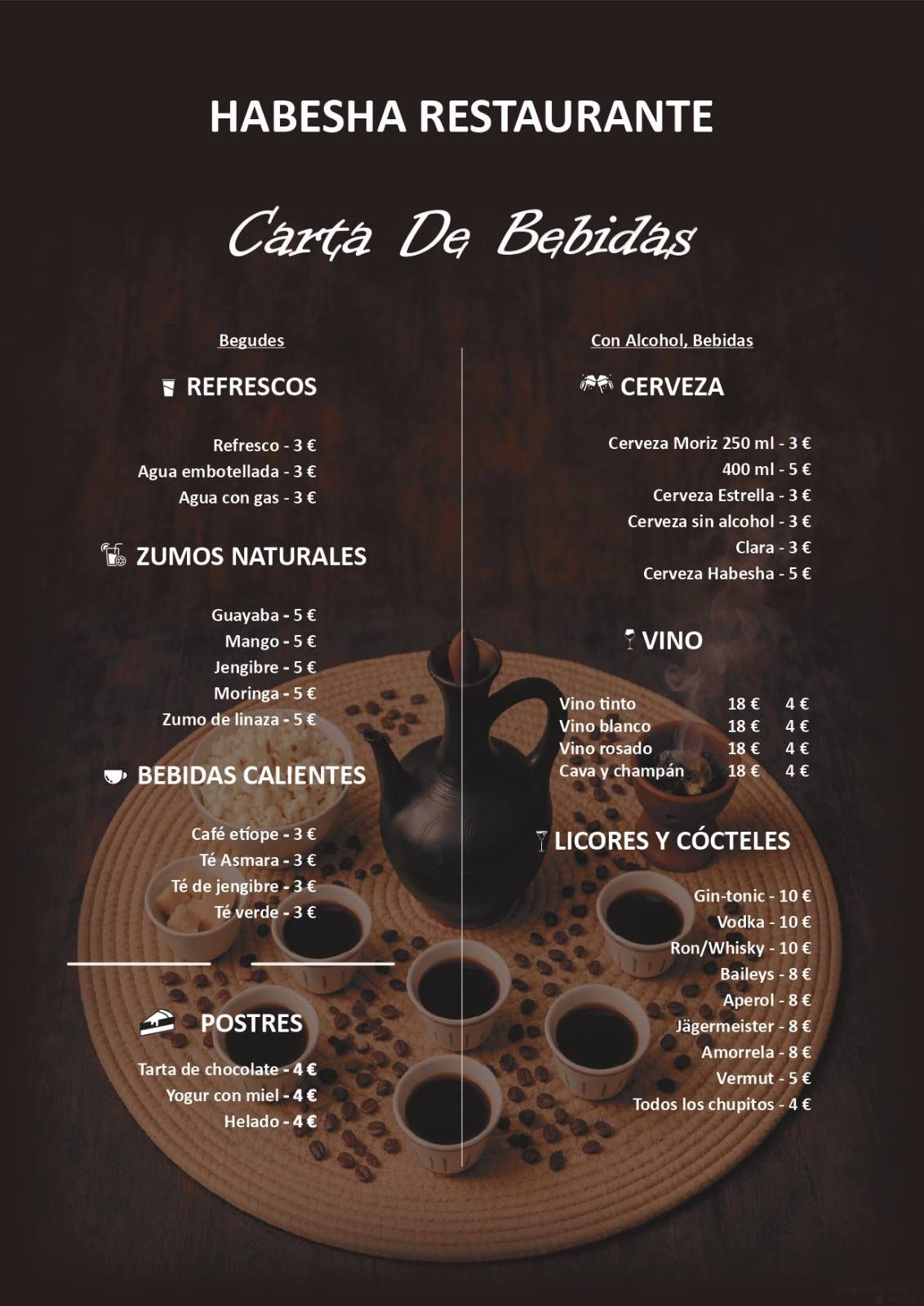 Menú del restaurante Habesha con bebidas y refrescos.