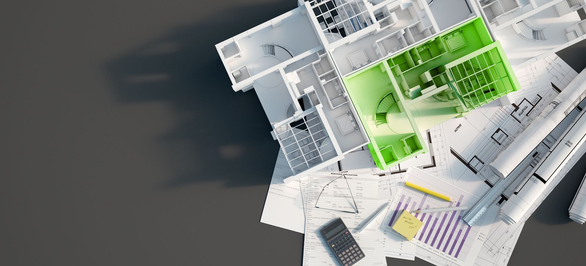 Plans et maquette architecturaux avec des surlignages verts sur fond sombre.