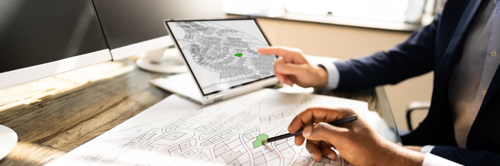 Deux personnes examinent des cartes sur une tablette et sur papier.