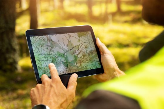 Une personne en forêt utilise une tablette pour consulter une carte topographique.