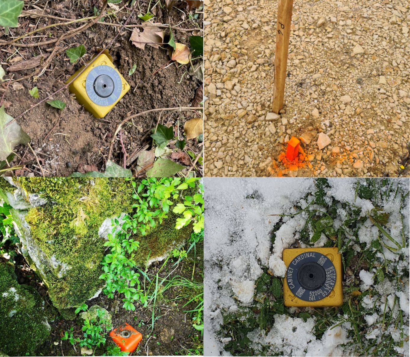 Quatre photos d'une borne topographique jaune dans différents environnements extérieurs, sur sol et sur gravier.