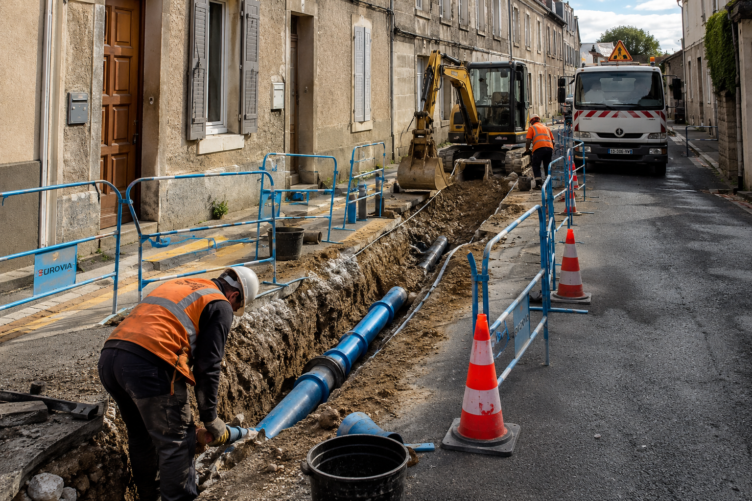 Travaux routiers sur une rue étroite avec ouvriers, excavatrice, tranchée, tuyaux bleus et cônes de signalisation orange.