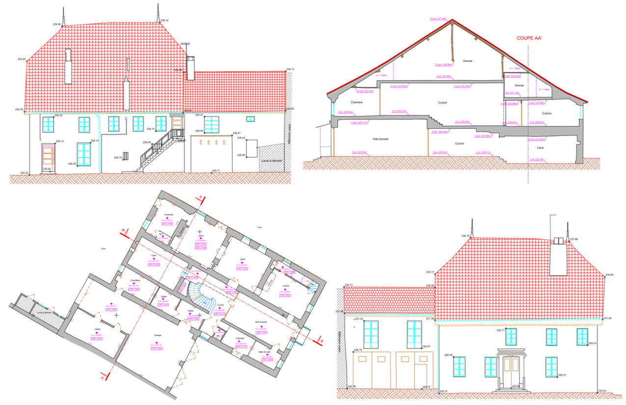 Plans architecturaux de la maison : élévations extérieures, plan d’étage et coupe de toiture.