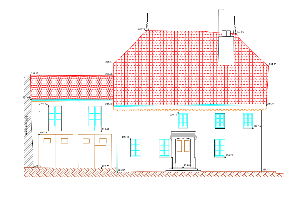 Dessin en élévation d'une maison à deux étages avec un toit rouge et des murs blancs.