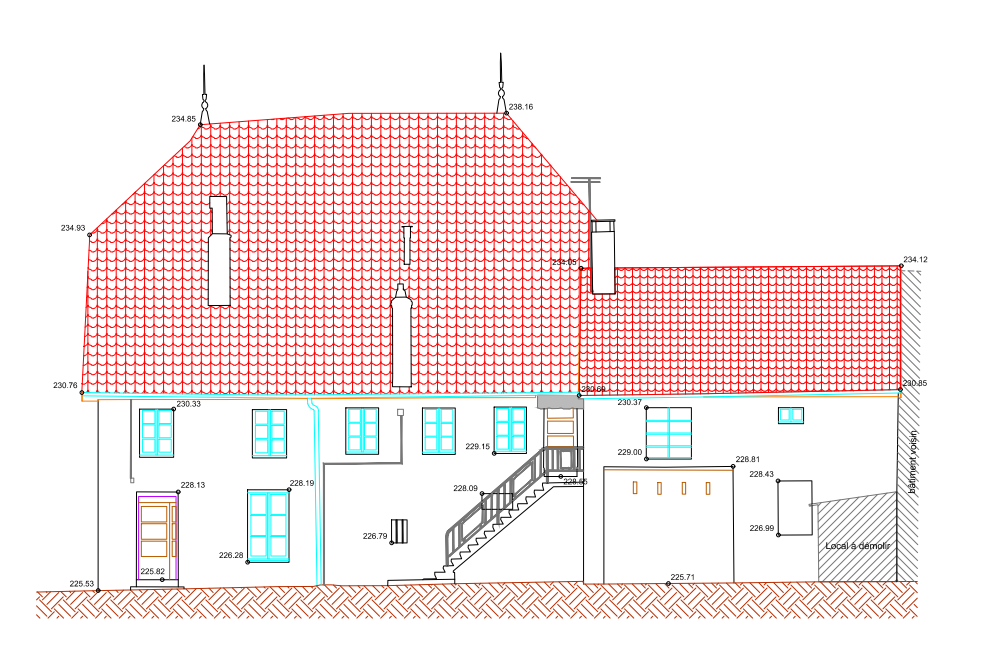 Élévation architecturale d'une maison à deux étages avec toit.