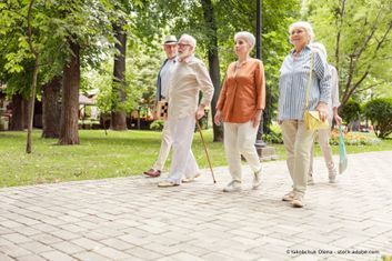 Eine Gruppe älterer Personen läuft im Park.