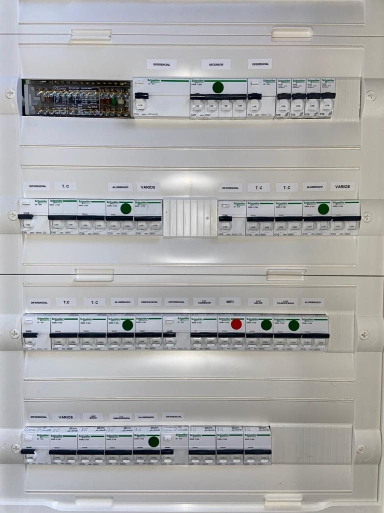 Un primer plano de una caja eléctrica con mucho equipo eléctrico en su interior.