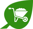 Een groen blad met een kruiwagen gevuld met vuil.