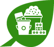 Een groen blad met een wit pictogram van een emmer en een stapel popcorn.