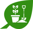 Een groen blad met een plant in een pot en een schep.