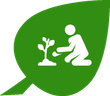 Een persoon knielt neer naast een plantje in een groen blad.