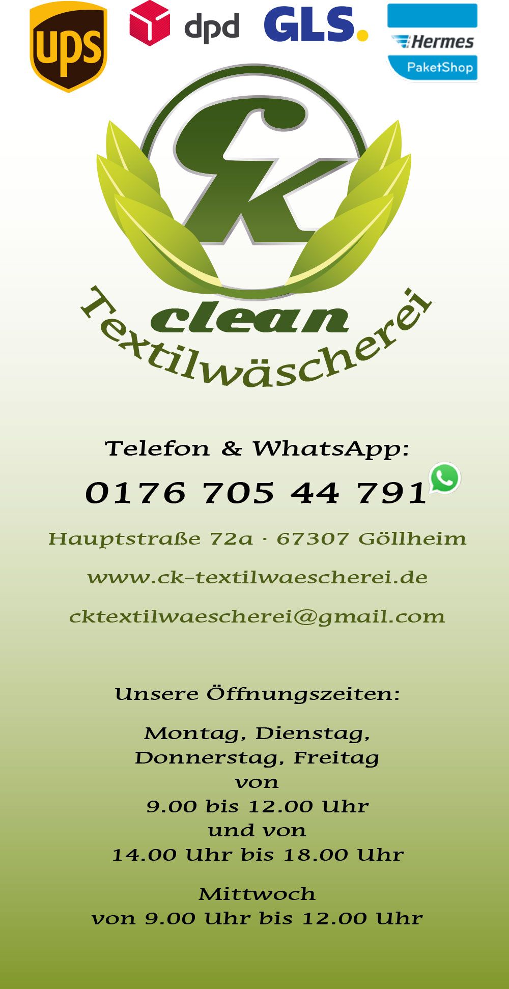 Ein vertikales Schild für den Wäschereiservice „Clean Textilwäscherel“. Enthält Kontaktinformationen, Öffnungszeiten und Versandlogos.