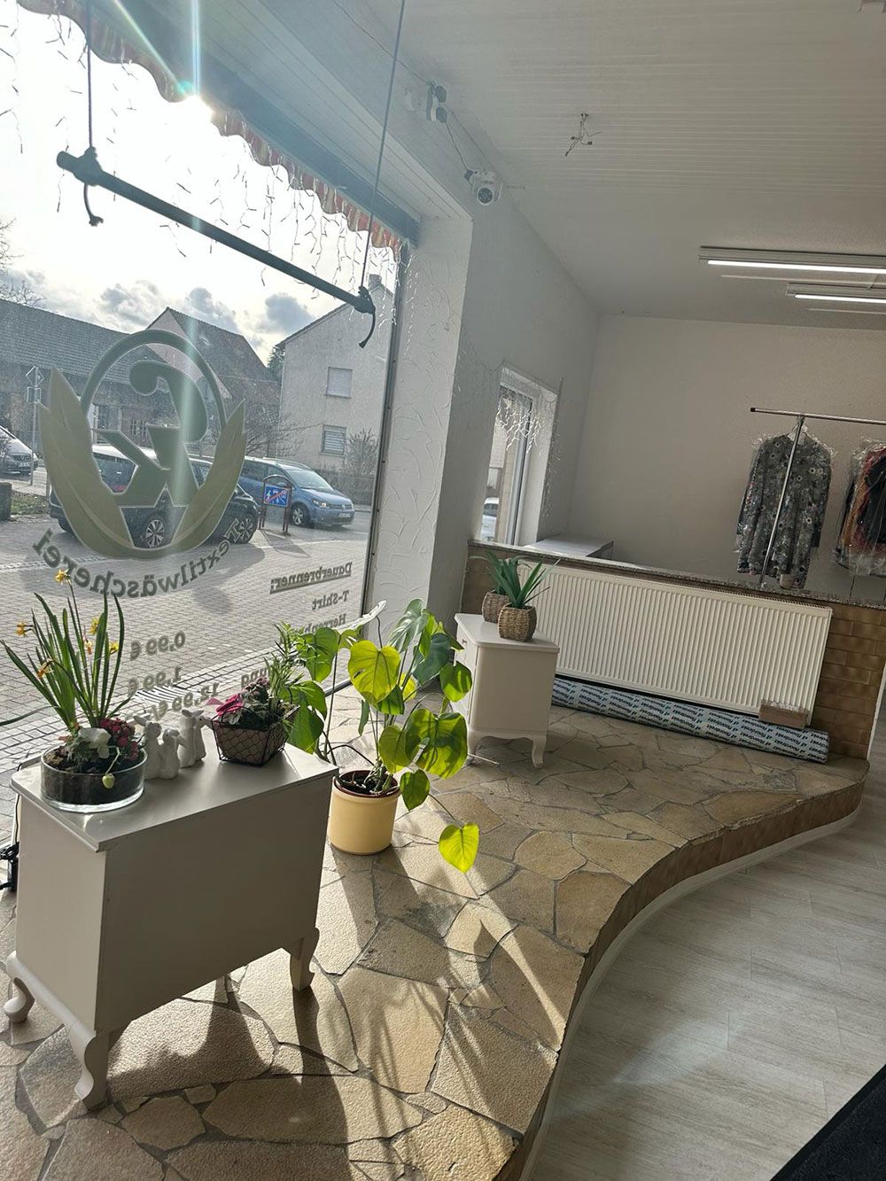 Ein Raum mit vielen Topfpflanzen und einem Fenster.