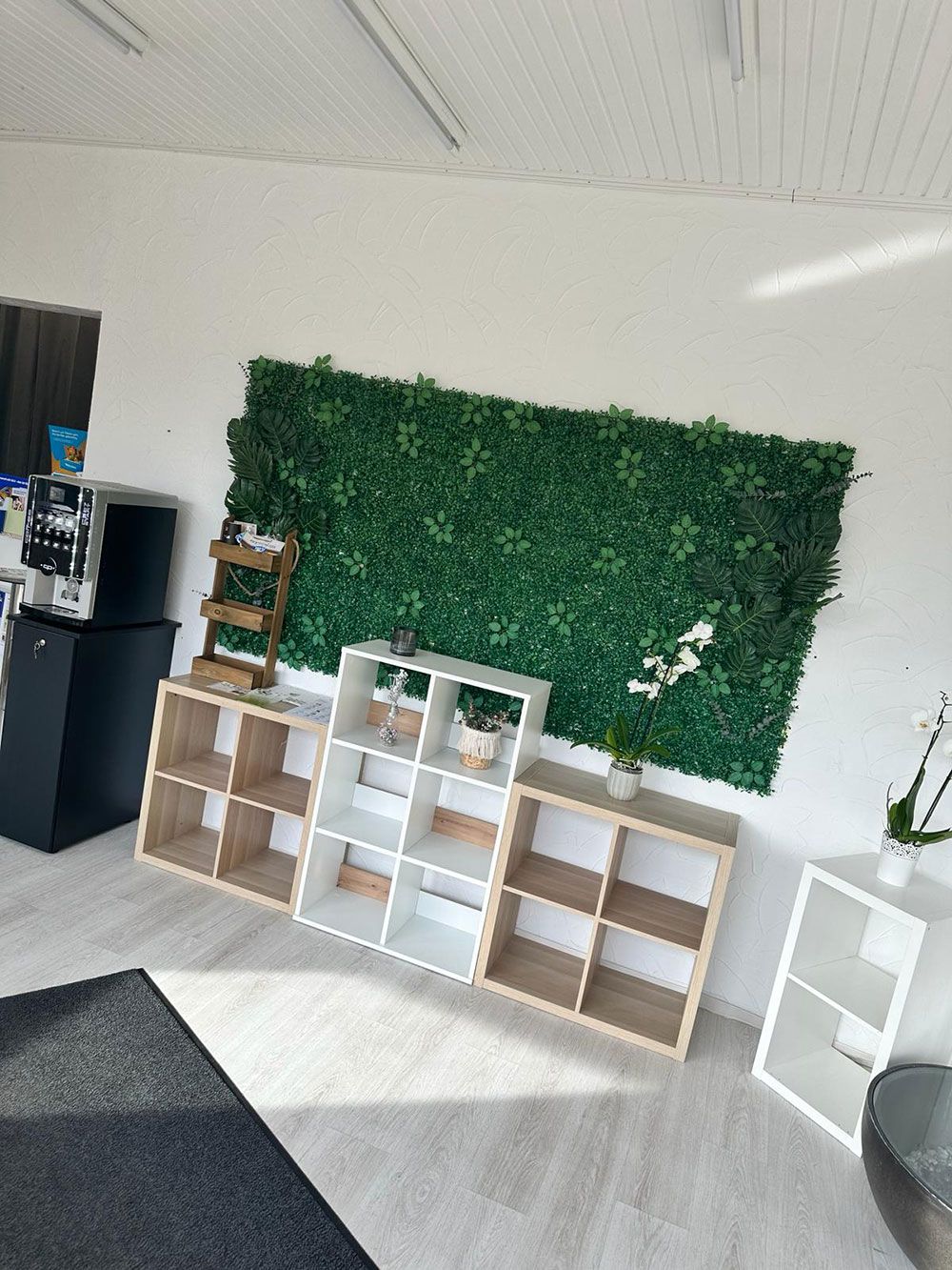 Ein Wohnzimmer mit grüner Wand und Regalen.