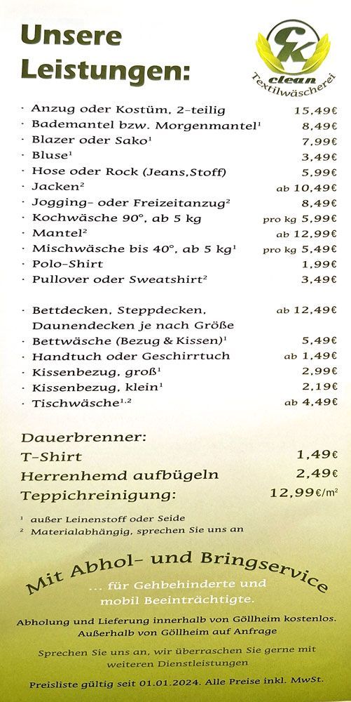 A menu with unsere leistungen written on it