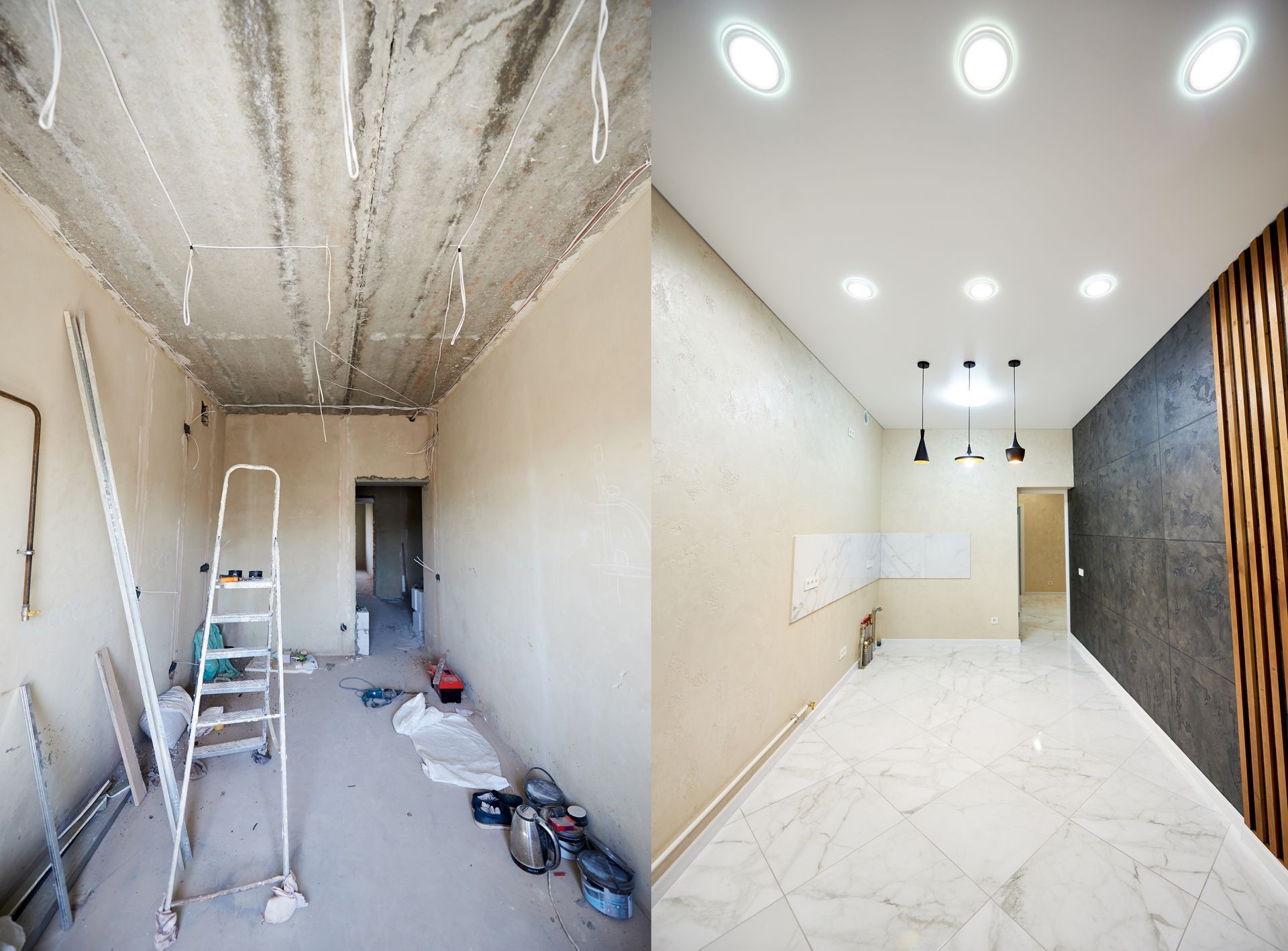 Rénovation de la pièce avant et après : plafond et murs bruts transformés en un espace moderne.