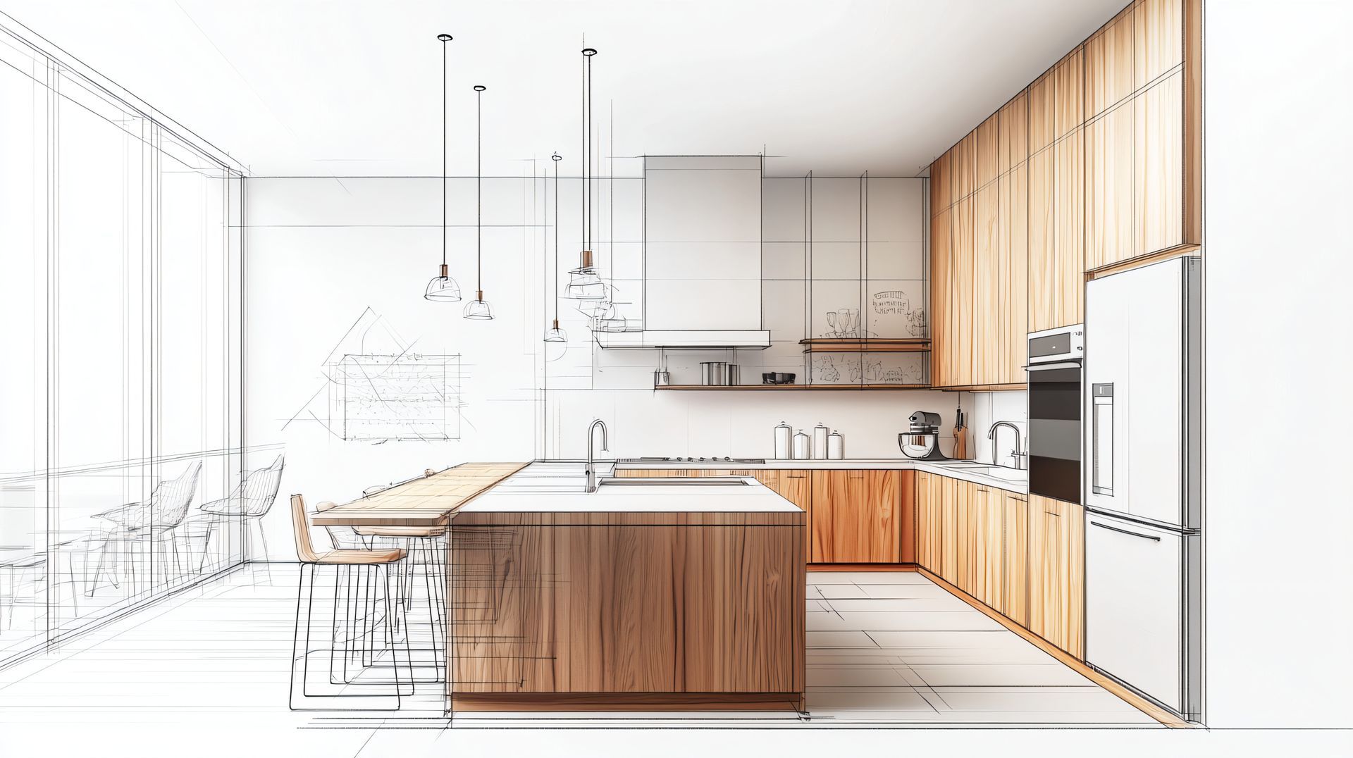 Croquis d'une cuisine moderne avec meubles en bois, îlot central et grandes fenêtres.