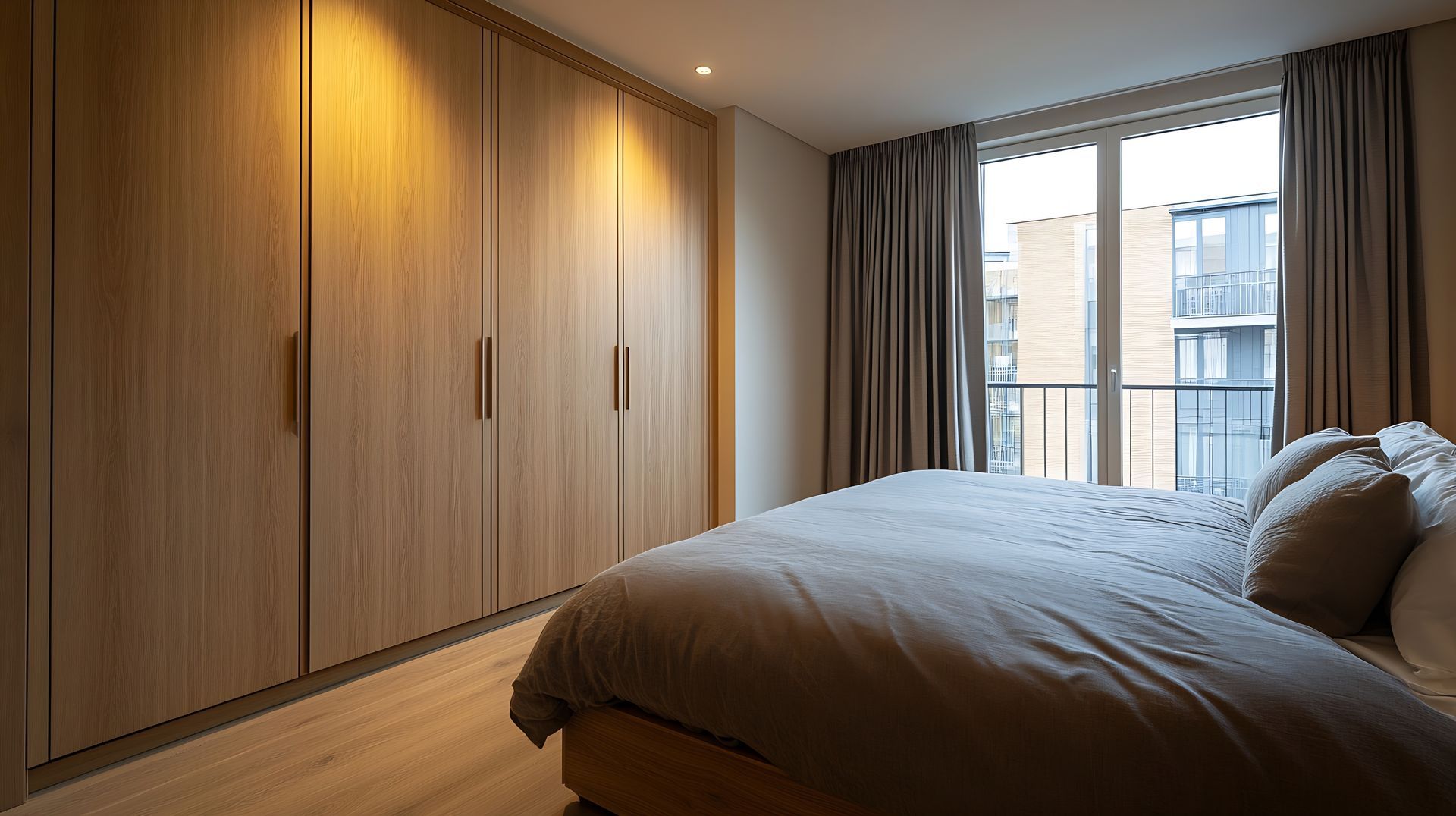 Chambre avec grand placard en bois, lit et fenêtre avec rideaux.