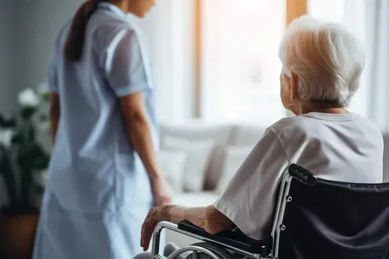 Una enfermera camina con una anciana en silla de ruedas.