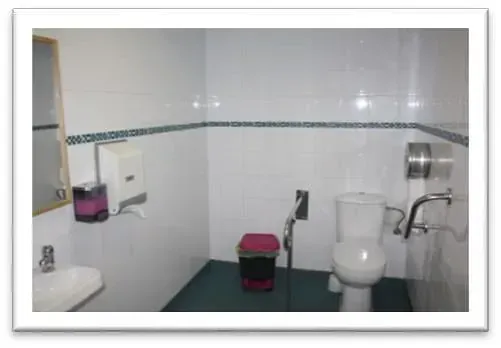 Un baño con inodoro, lavabo y papelera.