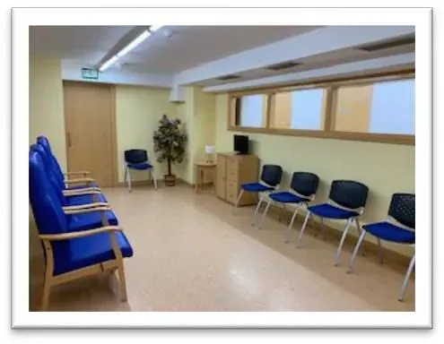 Una sala de espera con sillas azules y una planta.