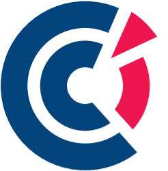 Un cercle bleu et blanc avec un triangle rouge au milieu