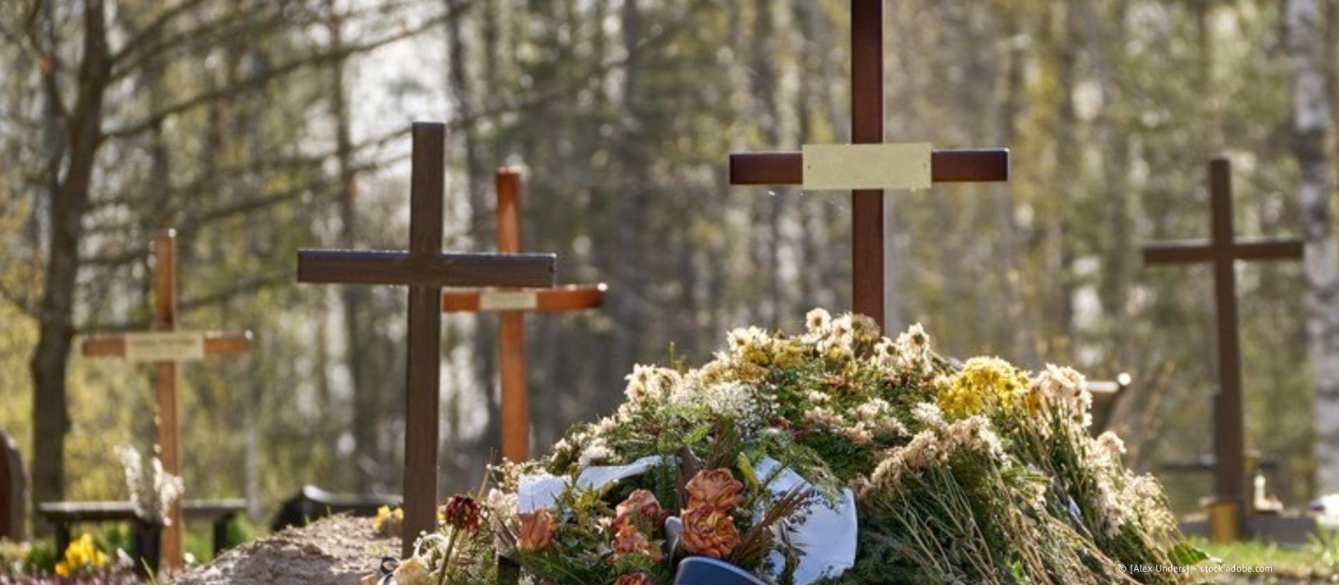 Blumenbedeckte Gräber mit Holzkreuzen auf einem sonnenbeschienenen Friedhof zwischen Bäumen